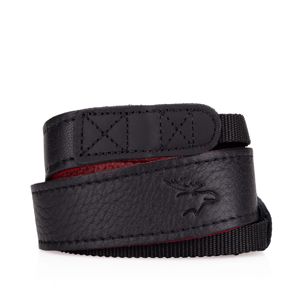 EDDYCAM Elk Leather Neck Strap, 35mm Wide, Black/Red with Black Stitching