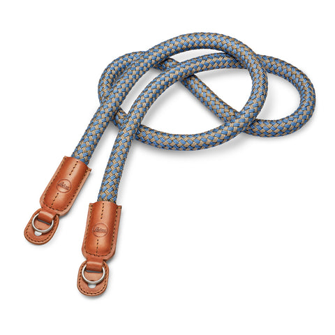 Leica Carrying Strap, Round Braided Rayon & Leather Cord, Cognac, Denim Blue