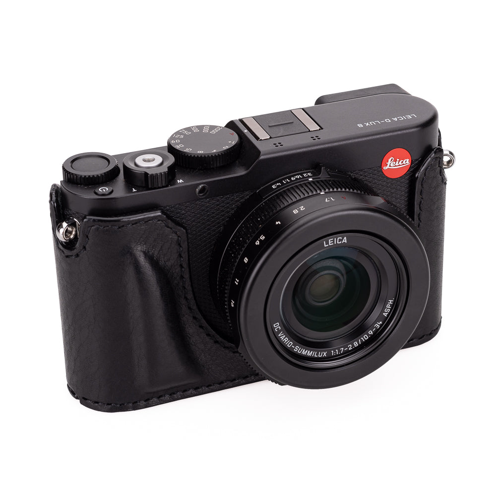 Funda de media pieza Arte di Mano para Leica D-Lux 8 con acceso a la batería - Negro Rally con costuras negras.