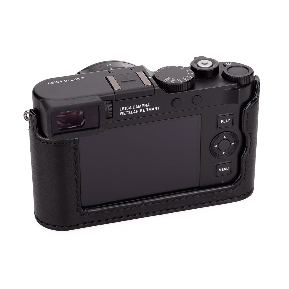 Funda de media pieza Arte di Mano para Leica D-Lux 8 con acceso a la batería - Negro Rally con costuras negras.