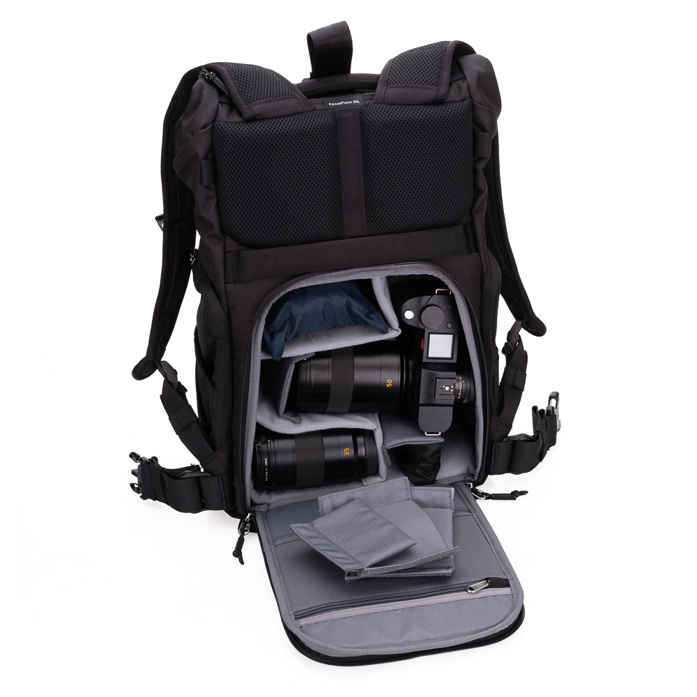 Mochila para cámara Think Tank Photo FocusPoint de cierre enrollable (Negro asfalto, 30 L)