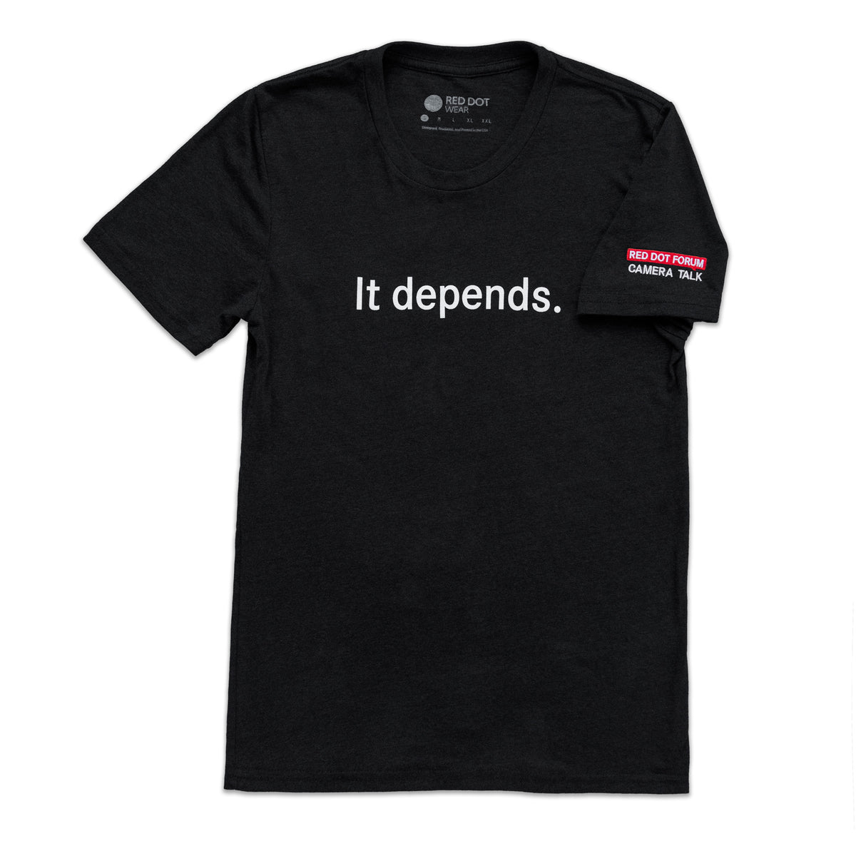 Camiseta de debate sobre cámaras del foro Red Dot «Depende»