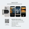 Promotional graphic for the Leica LUX iPhone app, showing a white phone case with a magnetic clip, four smartphone screens with camera interface previews, a Leica LUX Grip accessory, and text describing the app features and registration offer.
