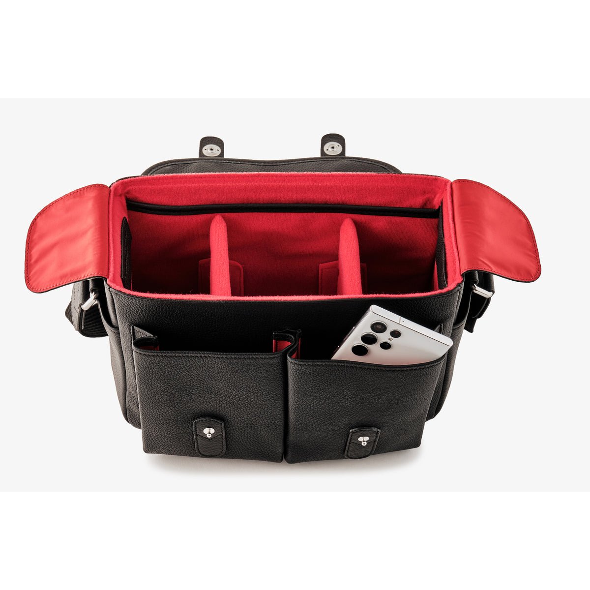 Bolso de cuero Oberwerth Little William para cámara/negocios, negro con forro rojo