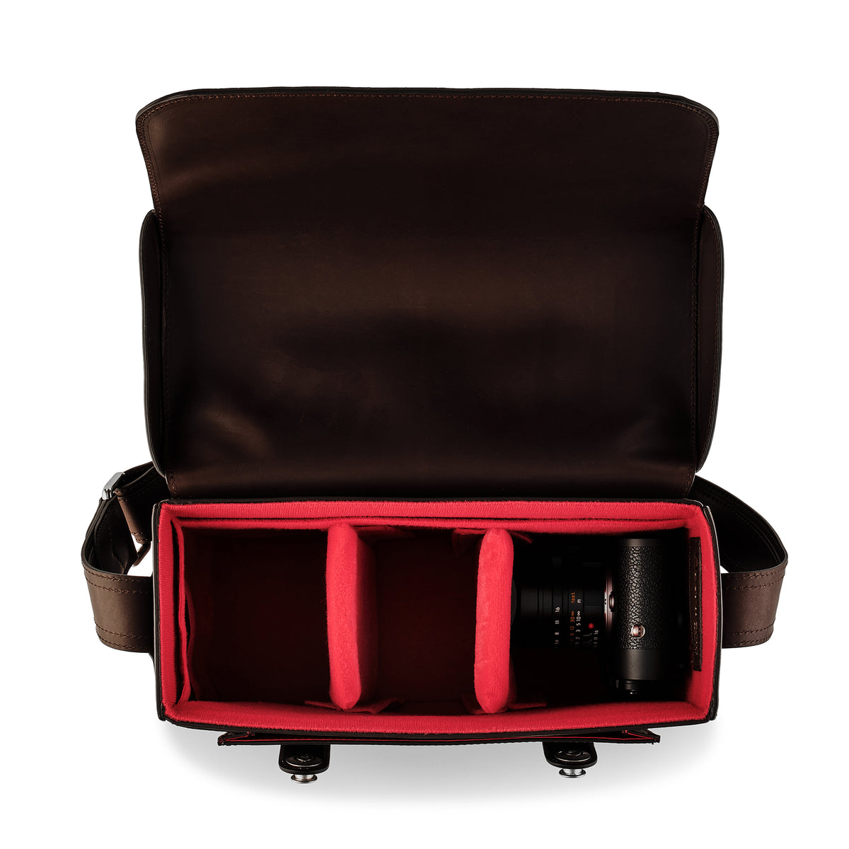 Bolso para cámara Oberwerth Signature Line (grande), marrón oscuro con forro rojo