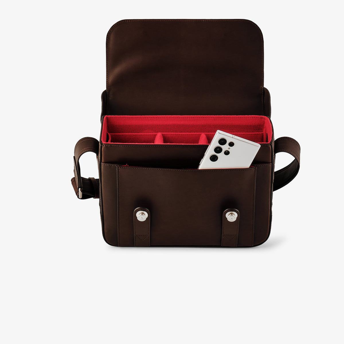 Bolso para cámara Oberwerth Signature Line (grande), marrón oscuro con forro rojo