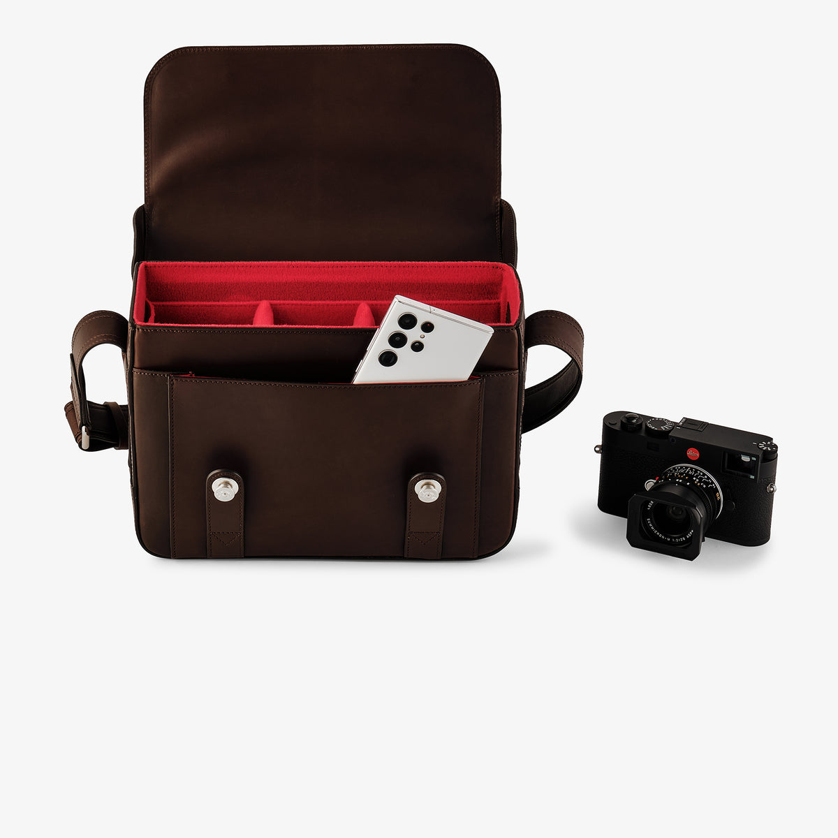 Bolso para cámara Oberwerth Signature Line (grande), marrón oscuro con forro rojo