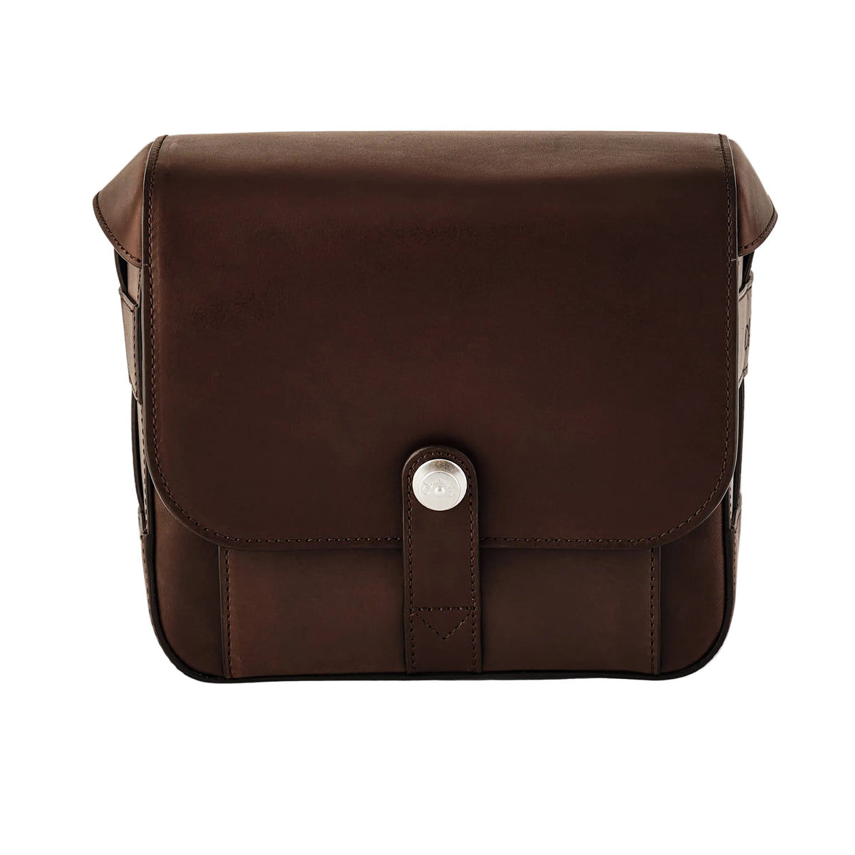 Brown leather satchel bag on a white background
