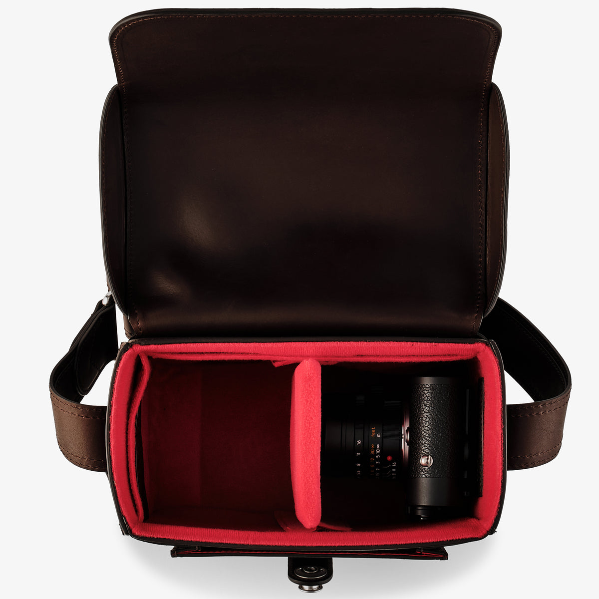 Bolsa para cámara Oberwerth Signature Line (mediana), marrón oscuro con forro rojo