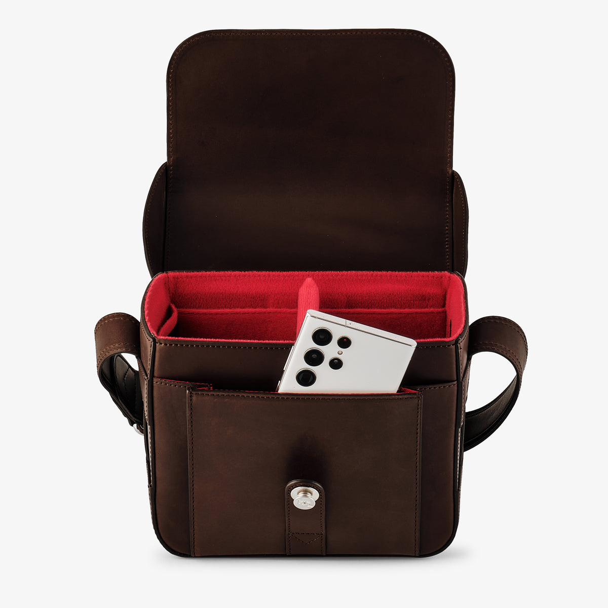 Bolsa para cámara Oberwerth Signature Line (mediana), marrón oscuro con forro rojo