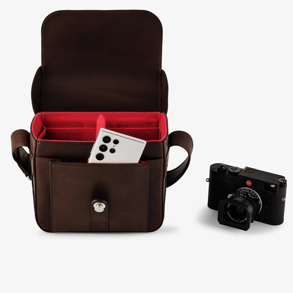 Bolsa para cámara Oberwerth Signature Line (mediana), marrón oscuro con forro rojo