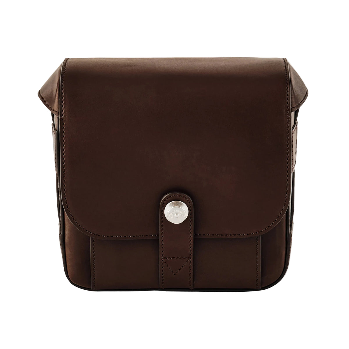 Brown leather bag with a silver buckle on a white background