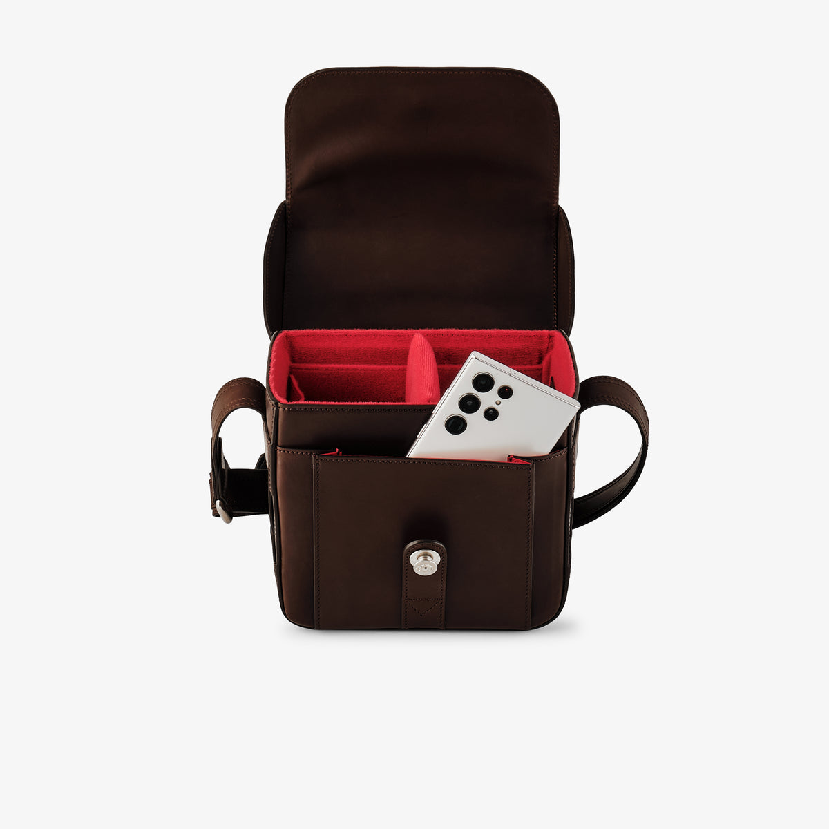 Bolso para cámara Oberwerth Signature Line (pequeño), marrón oscuro con forro rojo