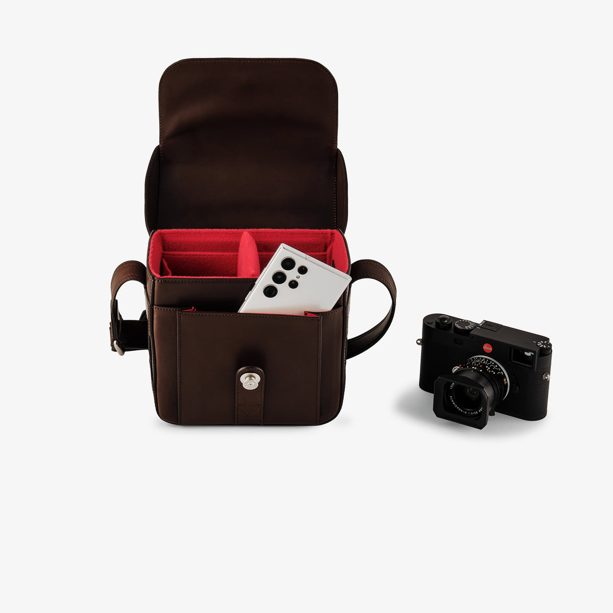 Bolso para cámara Oberwerth Signature Line (pequeño), marrón oscuro con forro rojo