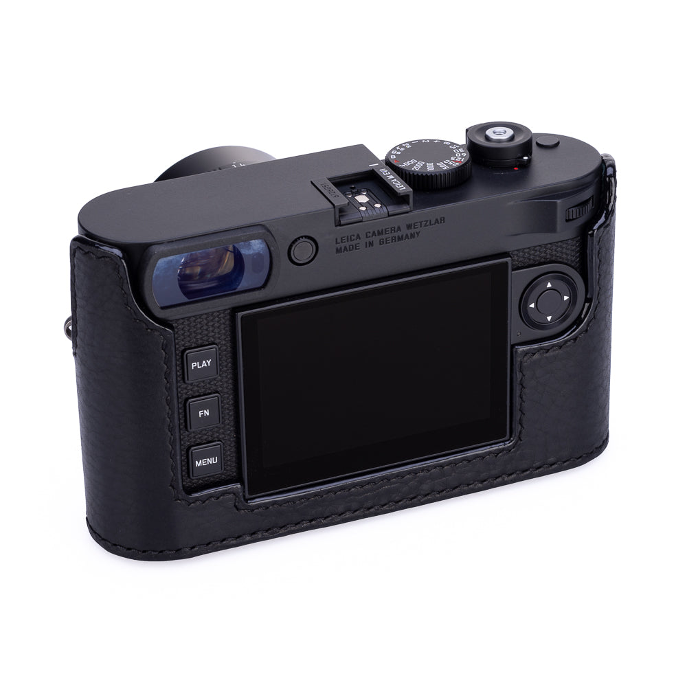 Media funda Arte di Mano para Leica M EV1 con tapa de acceso avanzada a la batería - Negro Rally con costuras negras