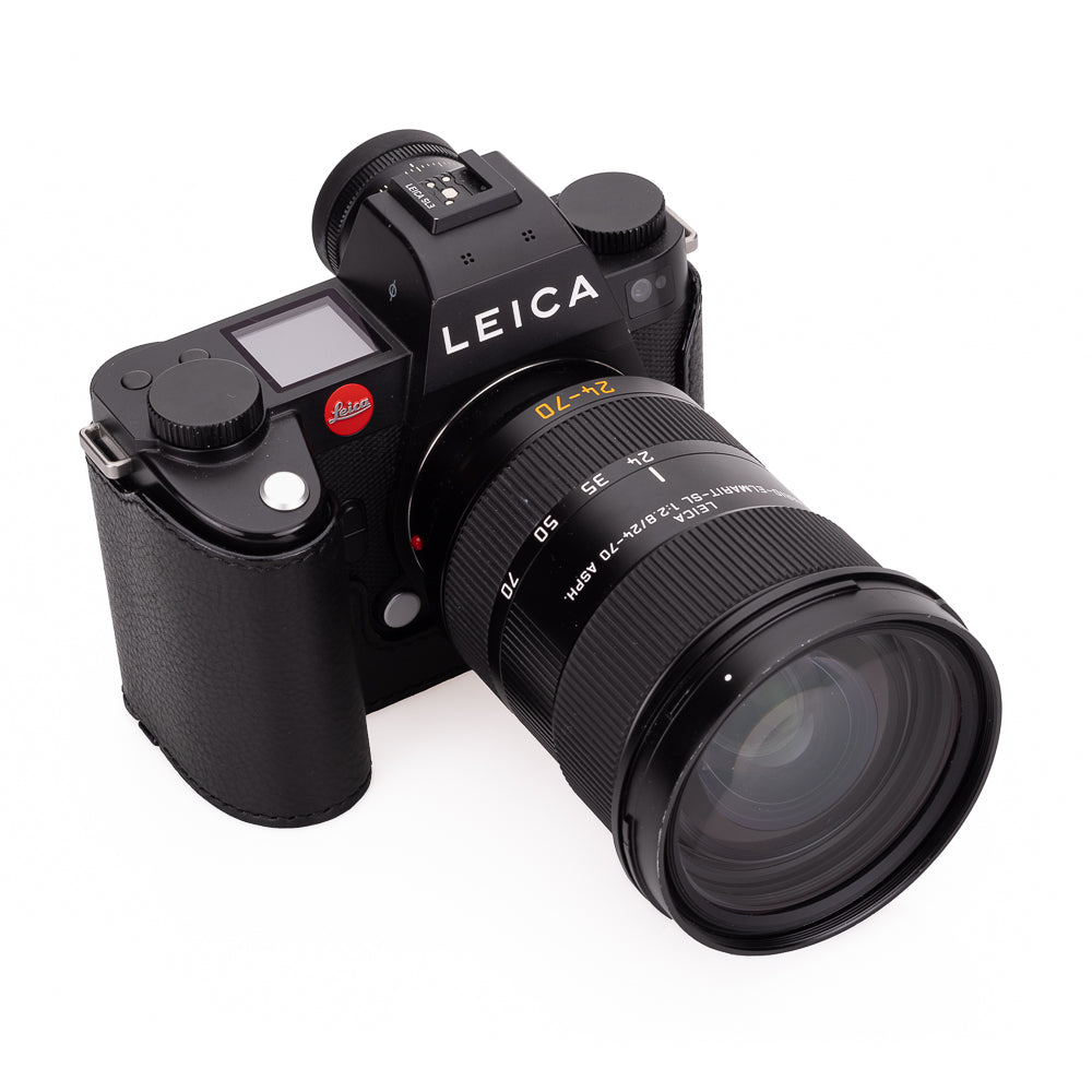 Media funda Arte di Mano para Leica SL3 con puerta de acceso a la batería, estilo cubierto - Negro con costuras negras