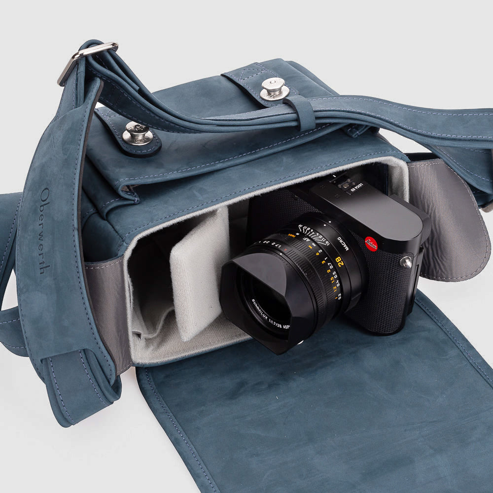 Oberwerth The Q Bolso para fotos de cuero - Azul medianoche con forro gris