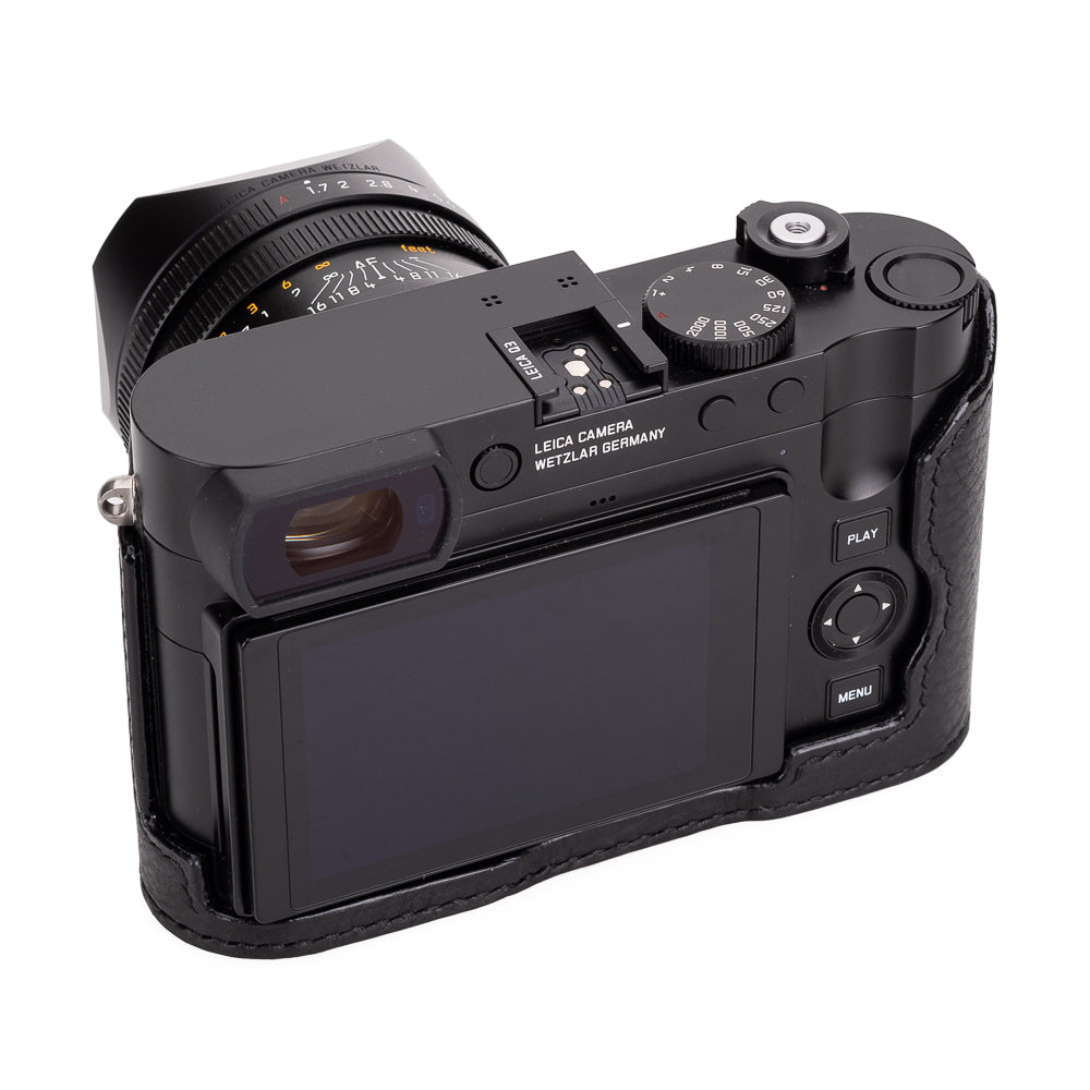 Media funda Arte di Mano para Leica Q3 (Tipo 1-SD, fijación mediante tornillos) - Negro Rally con costuras negras