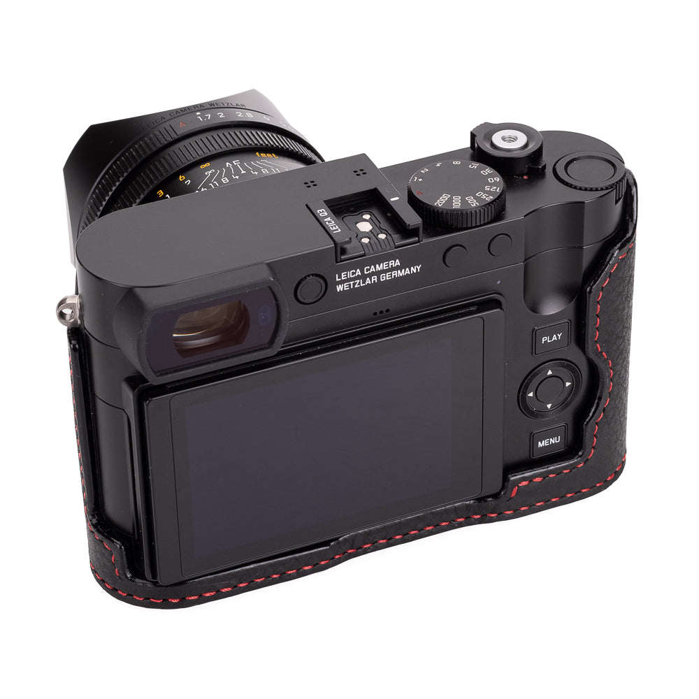 Arte di Mano Leica Q3 Half Case (Type 1-SD, Screw Secured) - Rally Black with Red Stitching