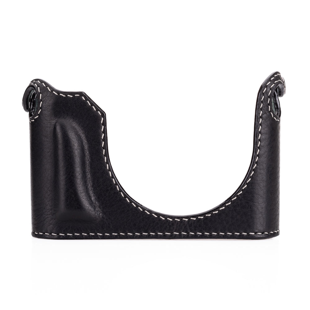 Media funda Arte di Mano para Leica Q3 (Tipo 2-TR, cierre a presión, soporte para trípode) - Negro Rally con costuras blancas