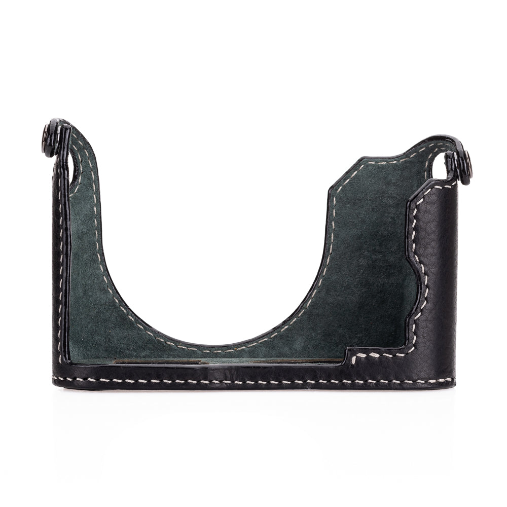 Media funda Arte di Mano para Leica Q3 (Tipo 2-TR, cierre a presión, soporte para trípode) - Negro Rally con costuras blancas