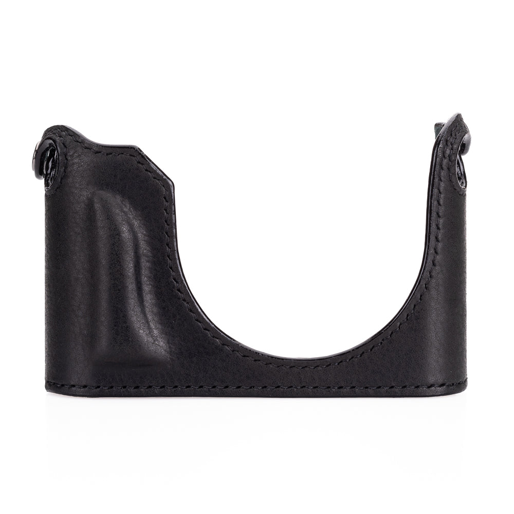 Media funda Arte di Mano para Leica Q3 (Tipo 2-TR, cierre a presión, soporte para trípode) - Negro Rally con costuras negras