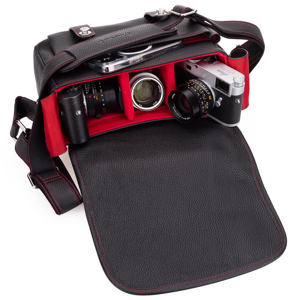 Bolso para cámara Oberwerth M, Edward, negro con costuras rojas