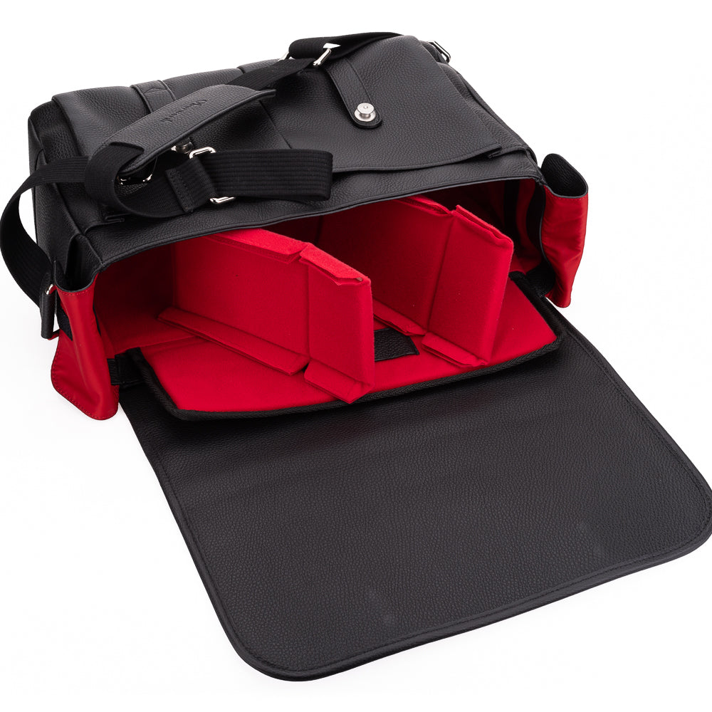 Oberwerth Richard 2, bolsa grande de cuero para cámara y negocios, negra con forro rojo