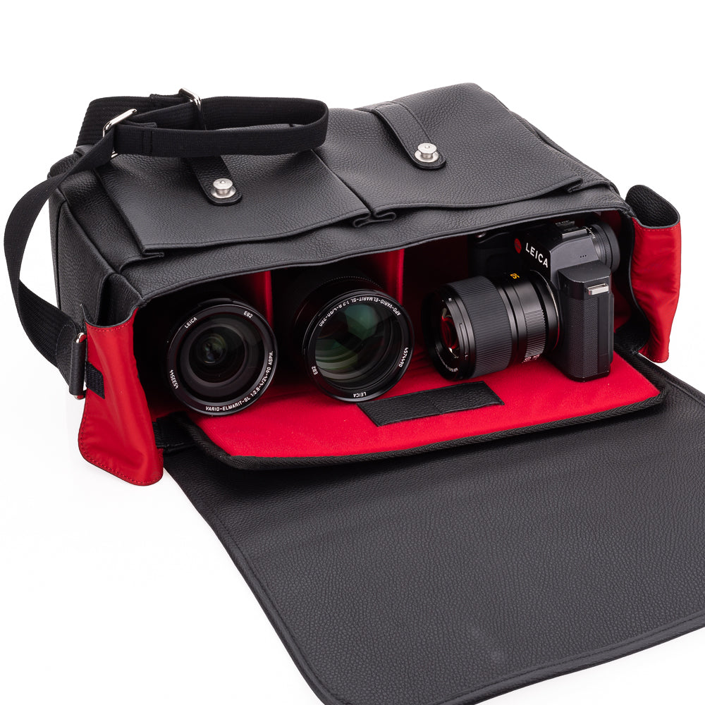 Oberwerth Richard 2, bolsa grande de cuero para cámara y negocios, negra con forro rojo