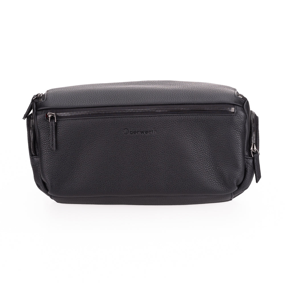 Bandolera grande para cámara Oberwerth - Cuero - Negra con forro rojo