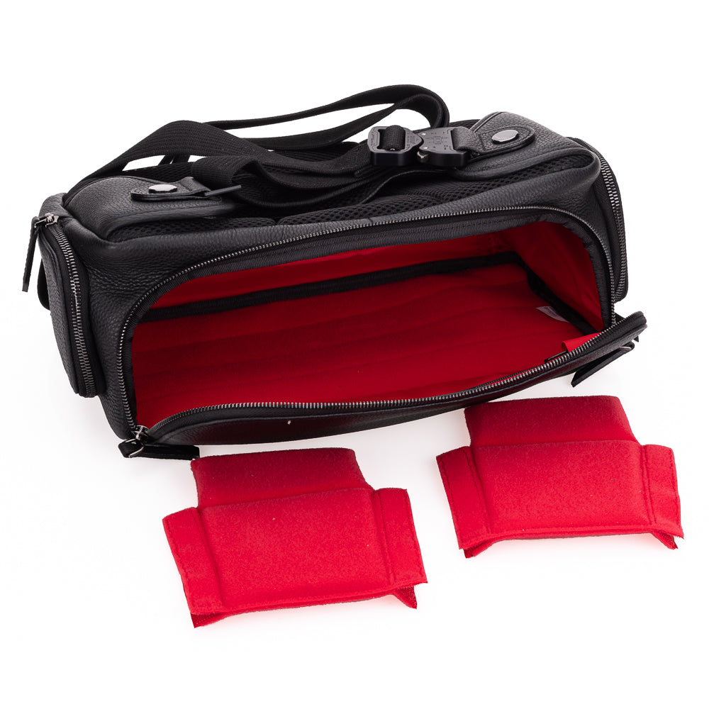Bandolera grande para cámara Oberwerth - Cuero - Negra con forro rojo