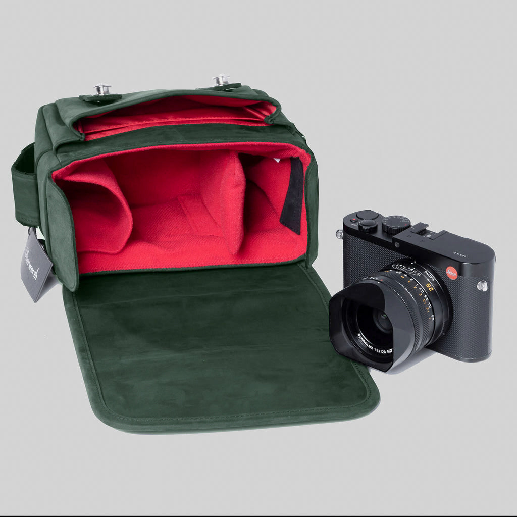 Oberwerth The Q, bolsa fotográfica de cuero, verde pino con forro rojo