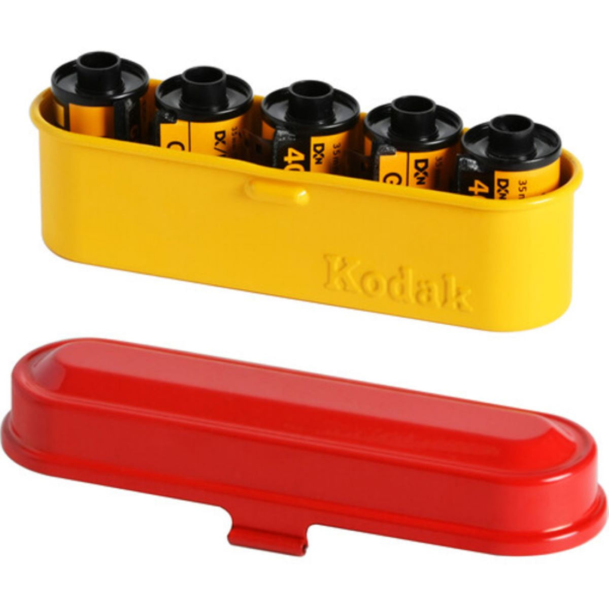 Estuche de acero Kodak para película de 135 mm (tapa roja/ cuerpo amarillo)