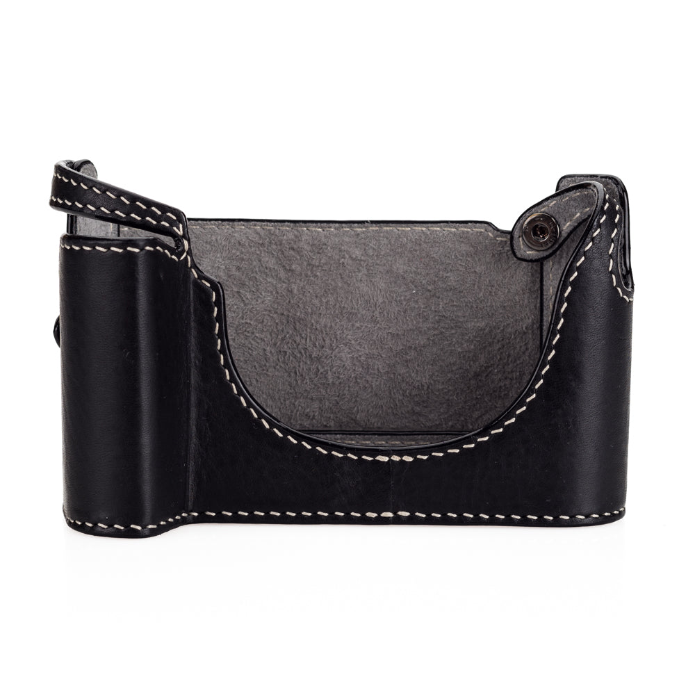 Media funda Arte di Mano M10 para empuñadura con solapa trasera - Negro Minerva con costuras blancas, interior de ante gris
