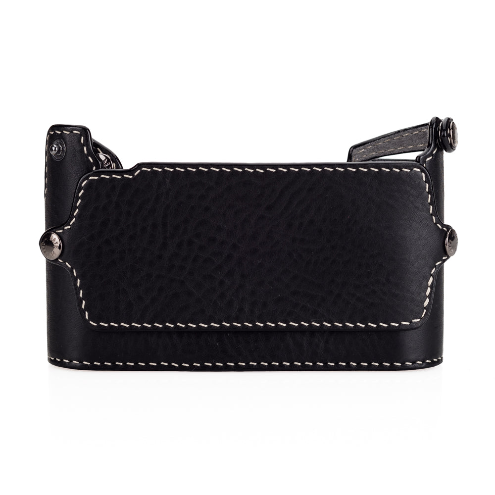 Media funda Arte di Mano M10 para empuñadura con solapa trasera - Negro Minerva con costuras blancas, interior de ante gris