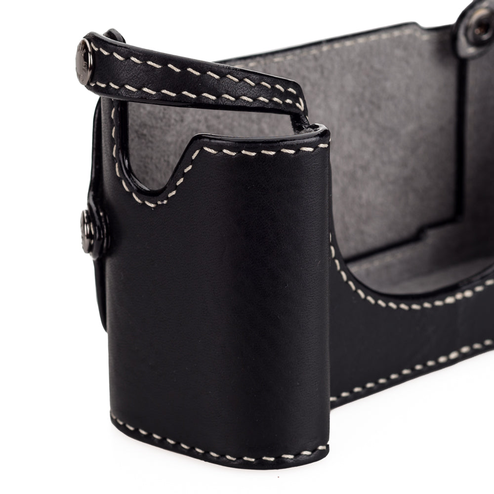Media funda Arte di Mano M10 para empuñadura con solapa trasera - Negro Minerva con costuras blancas, interior de ante gris