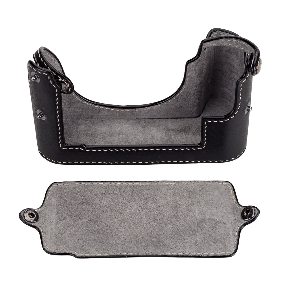 Media funda Arte di Mano M10 para empuñadura con solapa trasera - Negro Minerva con costuras blancas, interior de ante gris