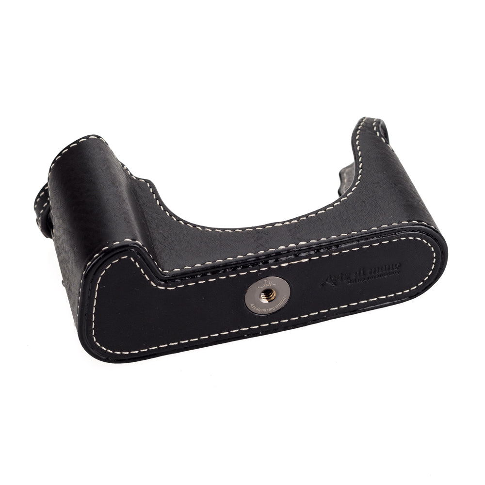 Media funda Arte di Mano M10 para empuñadura con solapa trasera - Negro Minerva con costuras blancas, interior de ante gris