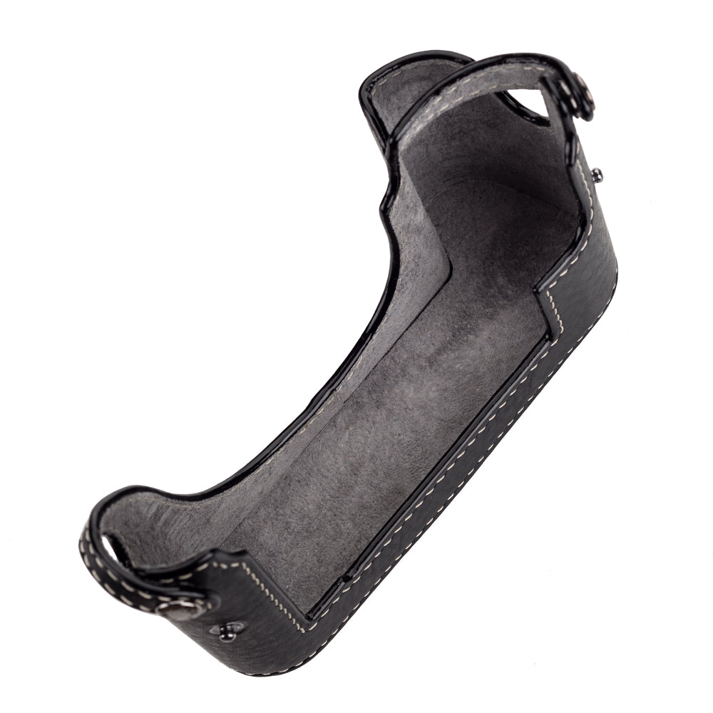 Media funda Arte di Mano M10 para empuñadura con solapa trasera - Negro Minerva con costuras blancas, interior de ante gris