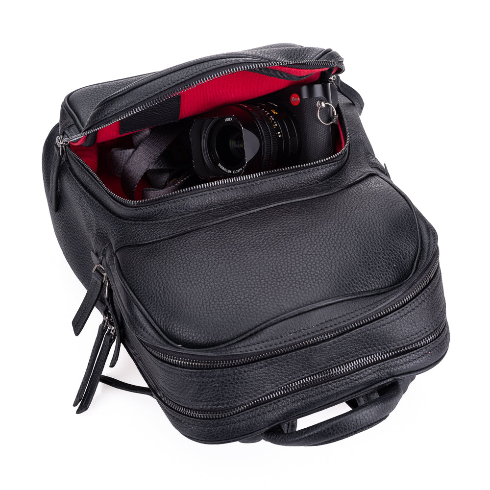 Mochila para cámara Oberwerth Q Backpack (tablet de 13") - Cuero - Negra con forro rojo