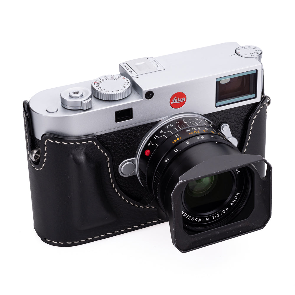 Arte di Mano Half Case for Leica M11 with Advanced Battery Access Door - Minerva Black with White Stitching