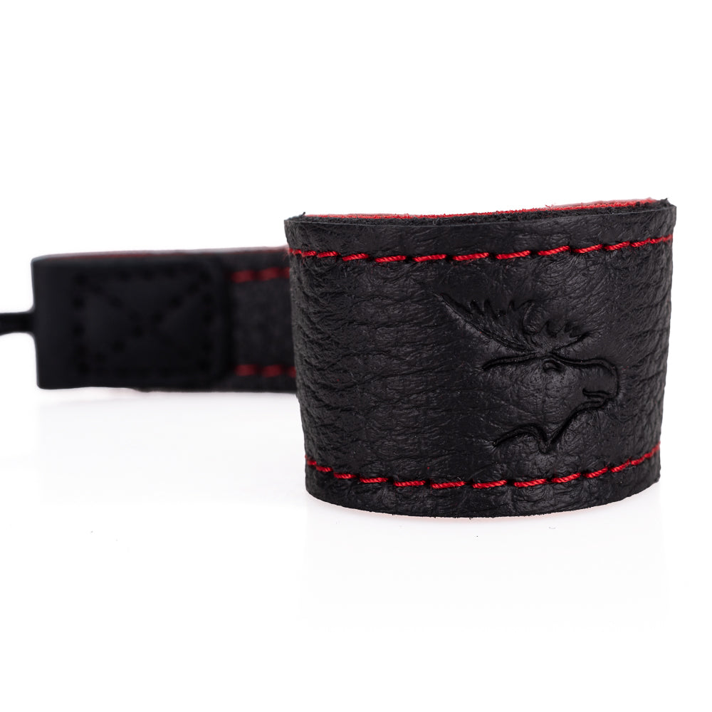 Correa de muñeca de cuero de alce EDDYCAM (Sling 1), negra y roja con costuras rojas