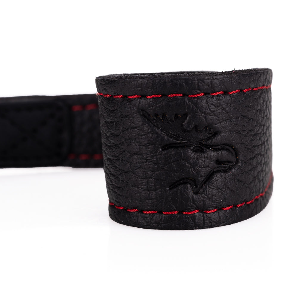Correa de muñeca de cuero de alce EDDYCAM (Sling 1), negra/negra con costuras rojas