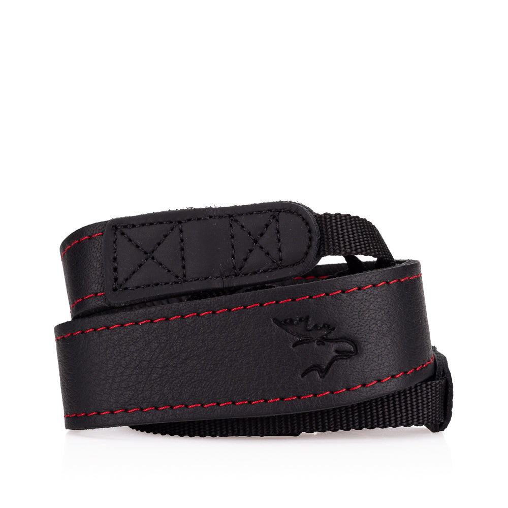 Correa para cuello de cuero de alce EDDYCAM, 35 mm de ancho, negra/negra con costuras rojas