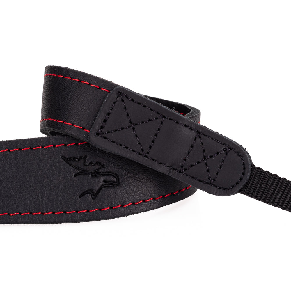 Correa para cuello de cuero de alce EDDYCAM, 35 mm de ancho, negra/negra con costuras rojas