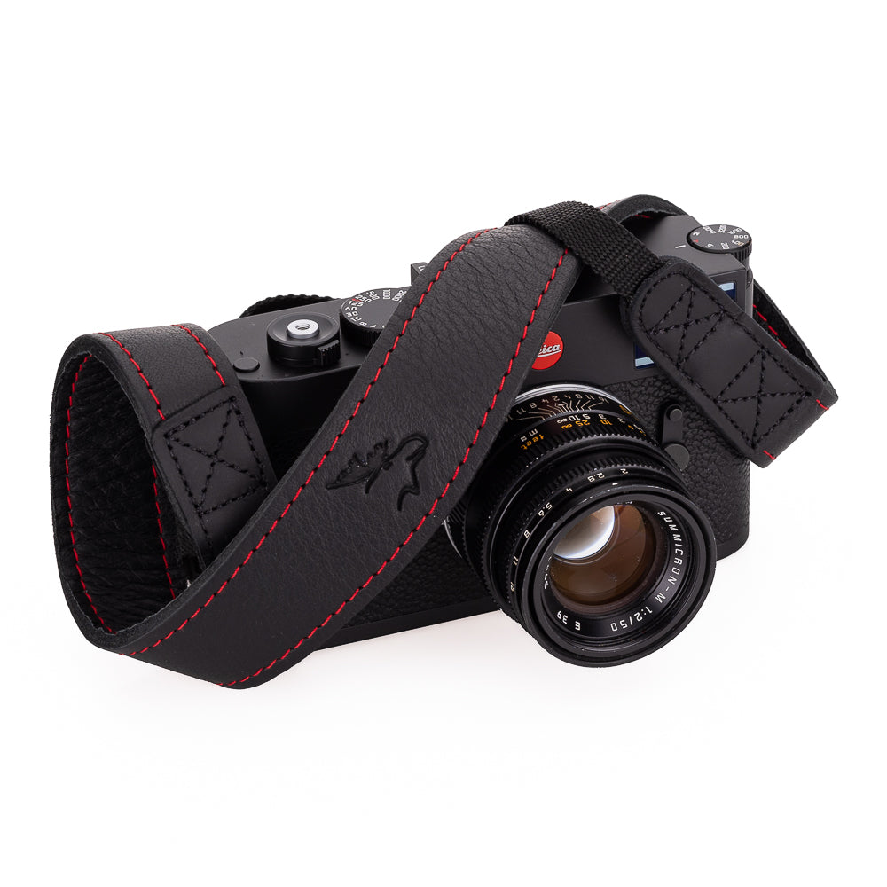 Correa para cuello de cuero de alce EDDYCAM, 35 mm de ancho, negra/negra con costuras rojas