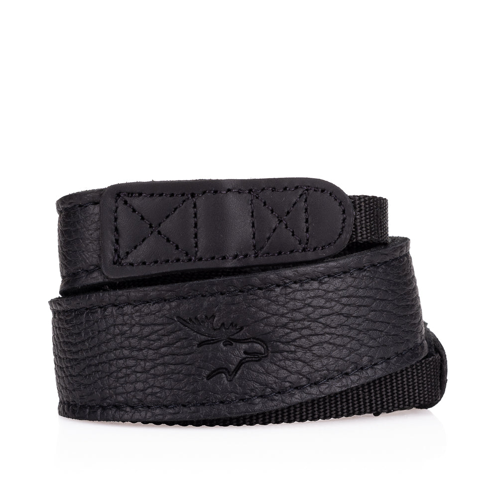 Correa para cuello de cuero de alce EDDYCAM, 35 mm de ancho, negra/negra con costuras negras
