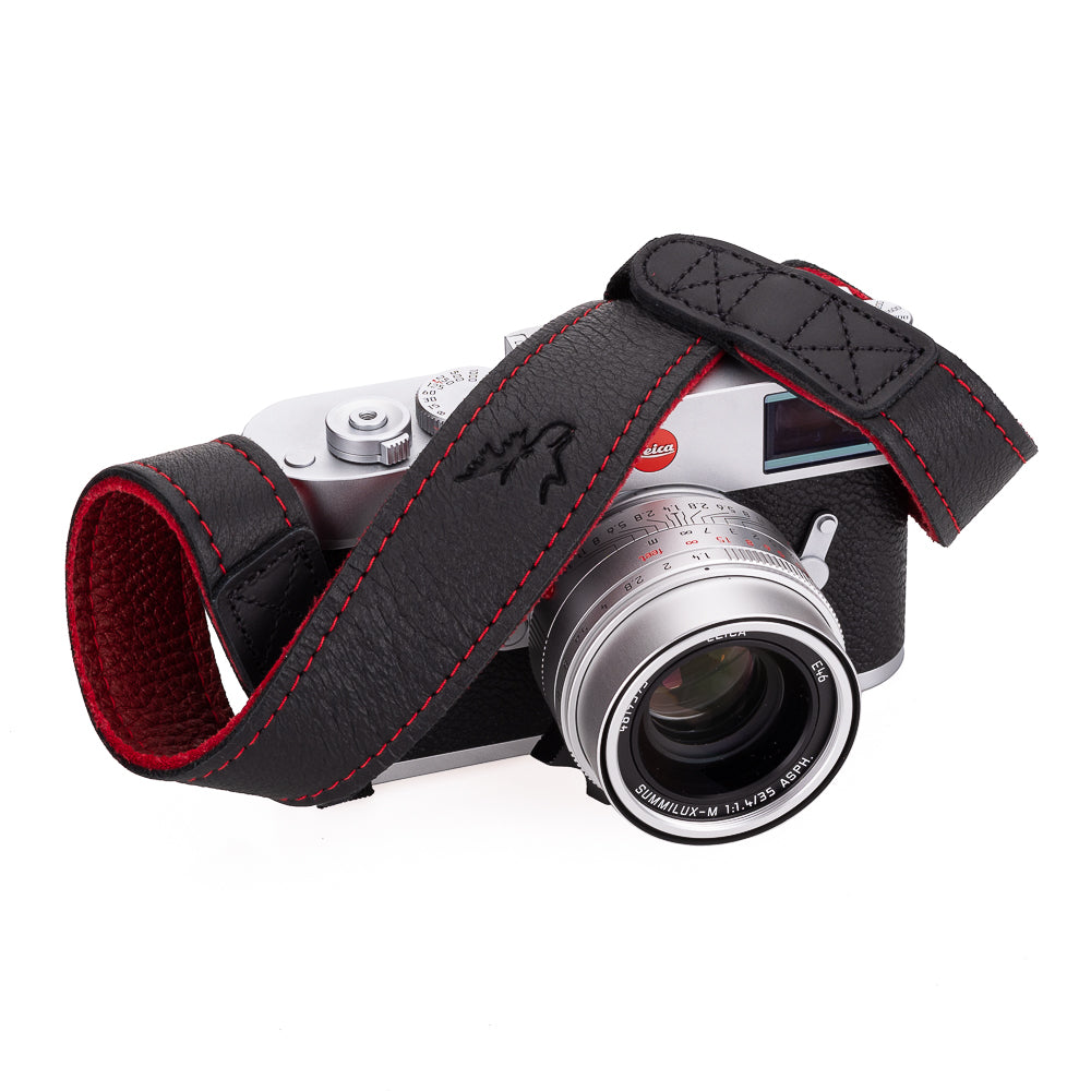Correa de cuello EDDYCAM de piel de alce, 35 mm de ancho, negra y roja con costuras rojas