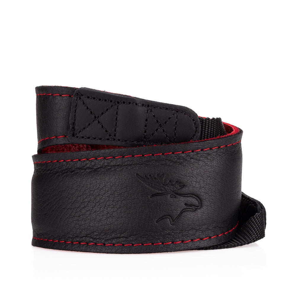 EDDYCAM Elk Leather Neck Strap, 50mm Wide, Black/Red with Red Stitching