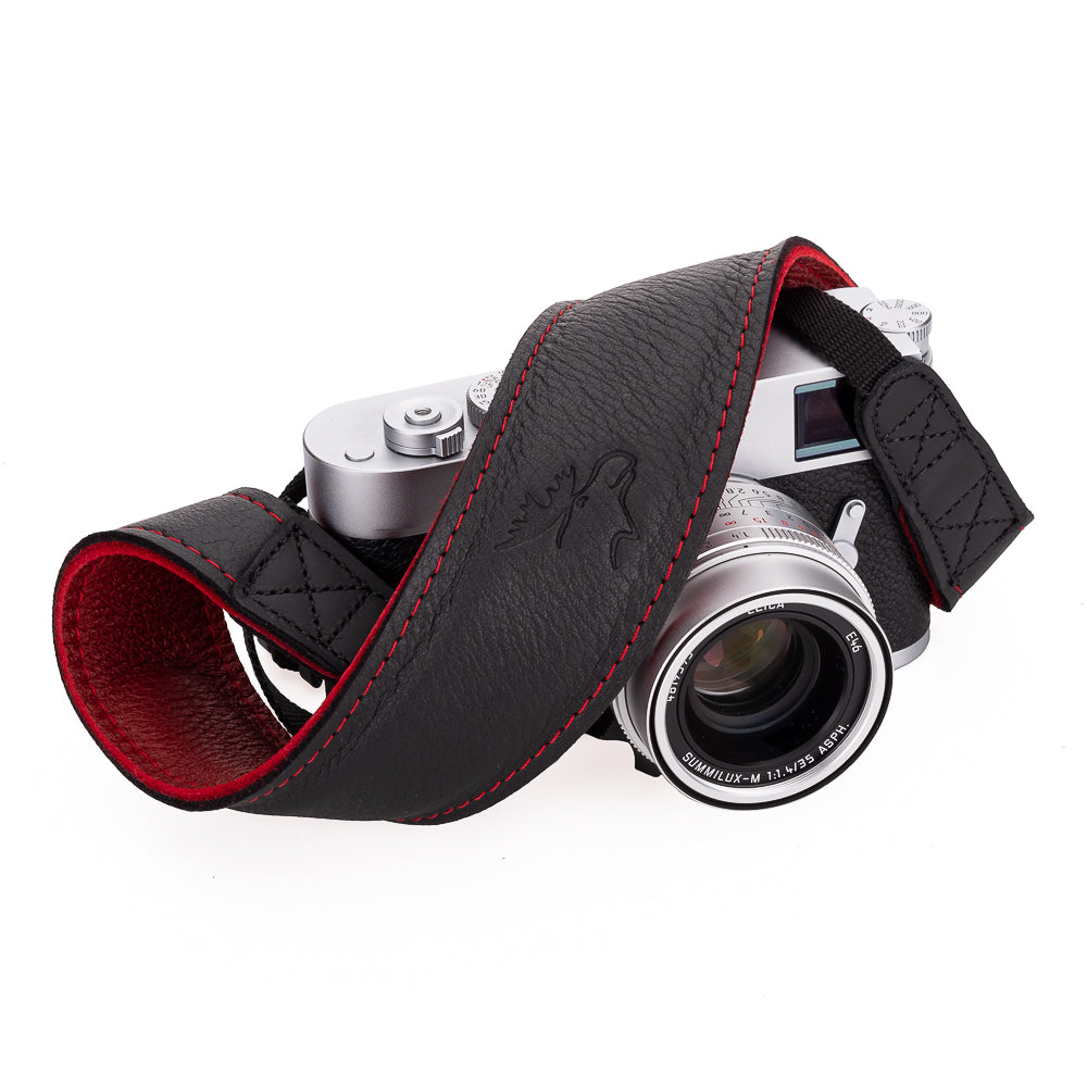 Correa de cuello EDDYCAM de cuero de alce, 50 mm de ancho, negra y roja con costuras rojas